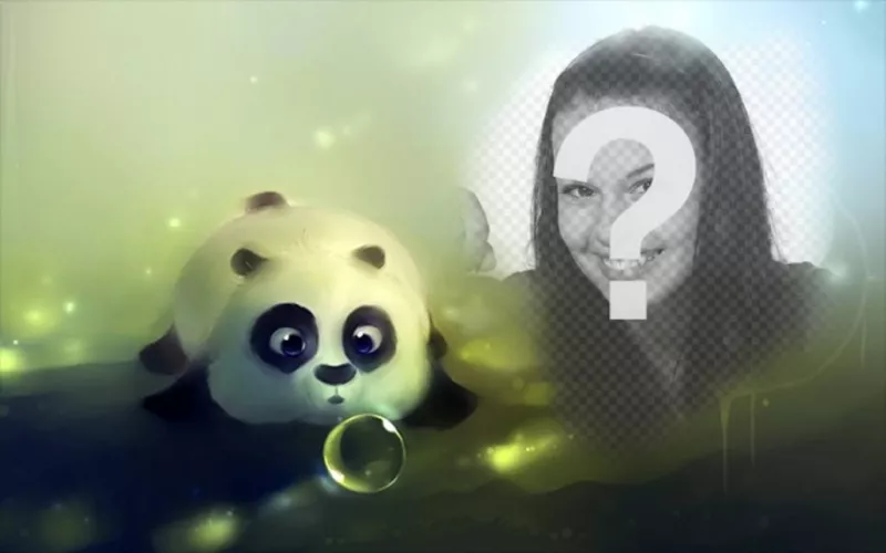 Fotomontagem com um panda desenhado soprando uma bolha de sabão e um buraco no lado direito para colocar uma..