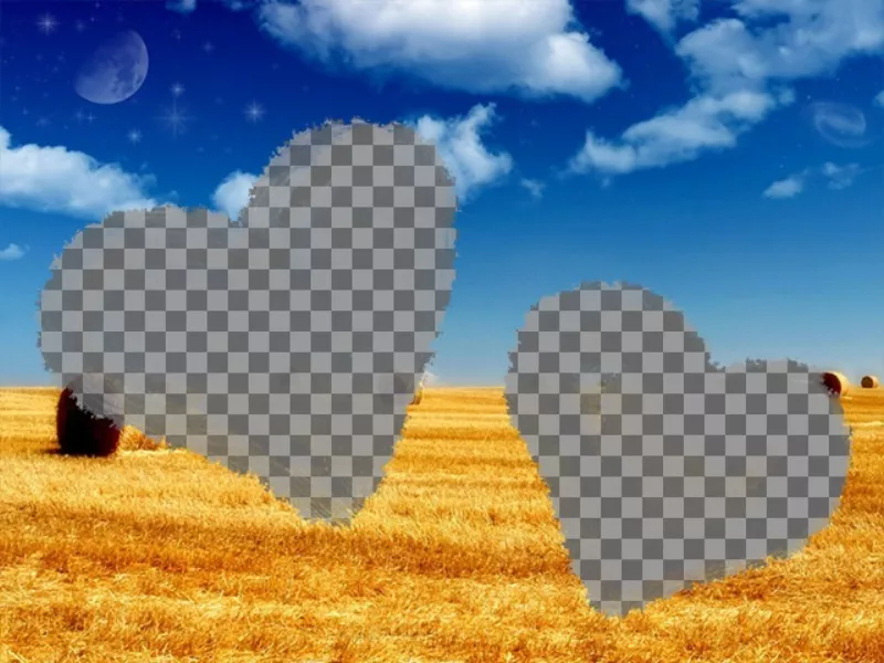 Colagem de amor com dois corações desenhados com giz para colocar a sua foto e uma foto de um campo de ouro com o céu azul no..