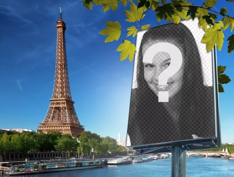 Fotomontagem com a cidade de Paris e da Torre Eiffel no fundo para colocar sua foto em um outdoor. ..
