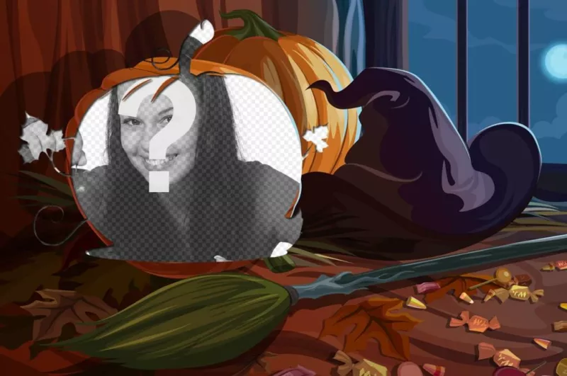 Colagem com abóboras, chapéu de bruxa e vassoura. ..