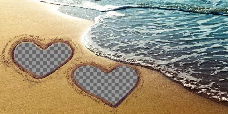 Colagem de amor com dois corações marcados na areia da praia. ..