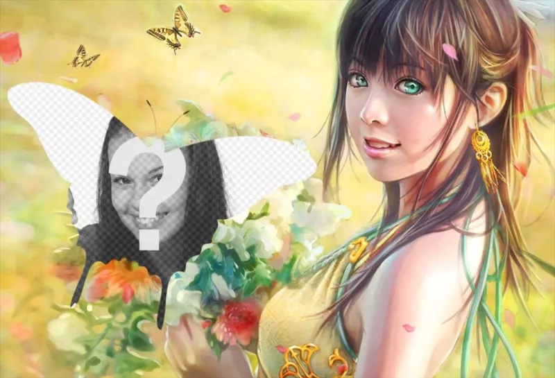 Colagem com borboletas e um desenho de uma menina colhendo flores no campo. ..