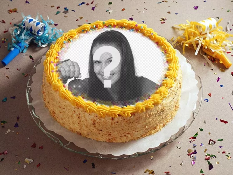 Fotomontagem com o partido, confetes e um bolo de aniversário ..