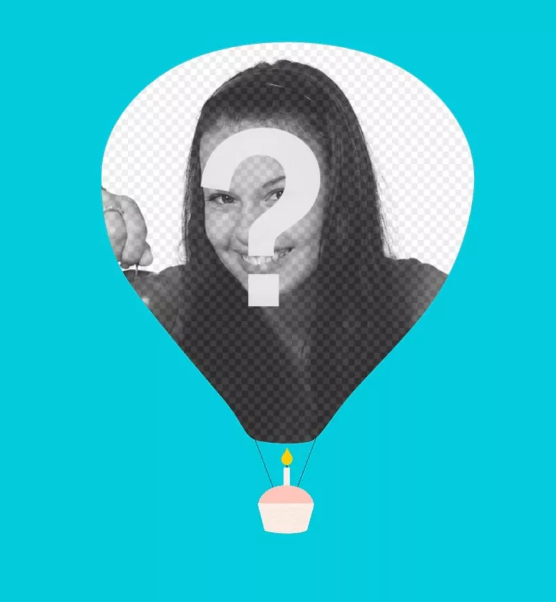 Cartão minimalista com sua imagem em um balão e um queque flutuante. Este cartão de aniversário ..