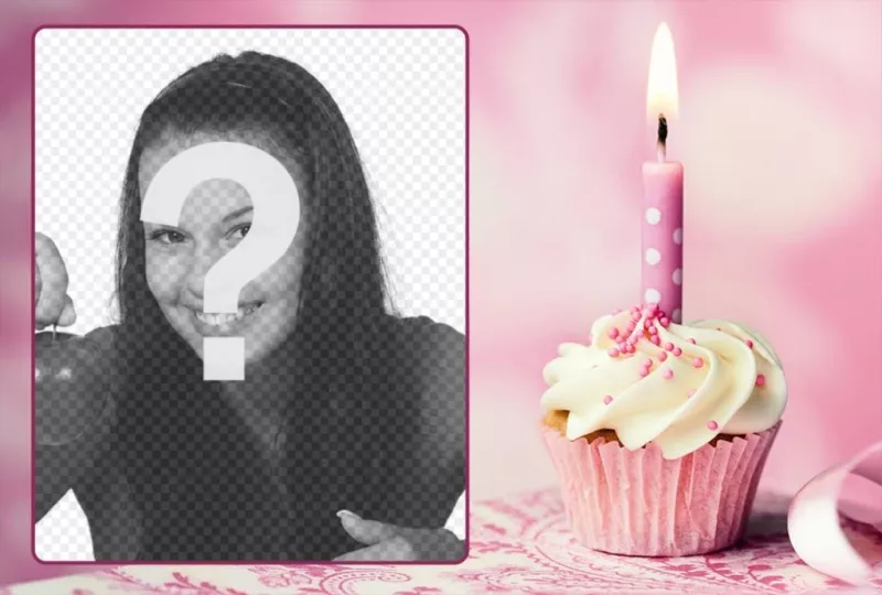 ZIP aniversário cor de rosa enquadrado fotos e um queque com uma vela. ..