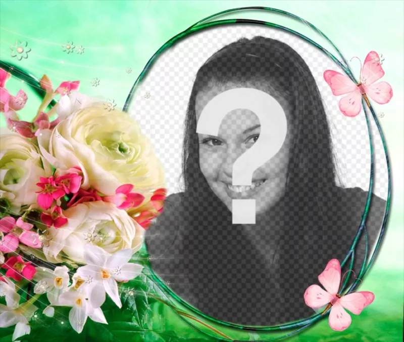 Composição com flores e borboletas em um fundo de brisa da primavera para colocar a sua foto em um quadro circular. ..