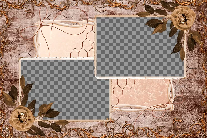 Colagem de duas imagens com uma composição do vintage de folhas, flores e decorações ocre. ..