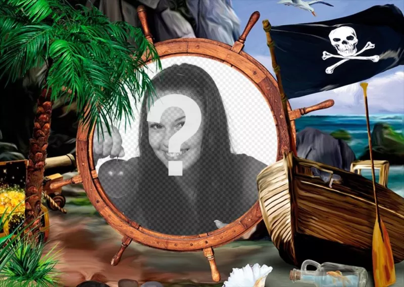 Composição com uma bandeira de pirata, um navio e tesouros, para colocar sua foto em um leme. Docks ..
