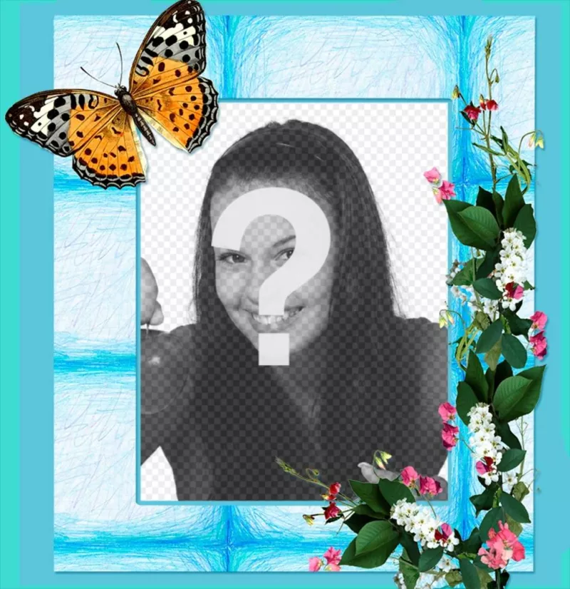 Quadro sua foto com flores e borboleta em um fundo azul. ..