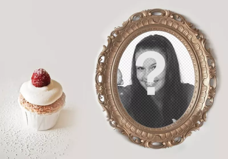 Colagem de uma moldura dourada foto com um cupcake ..