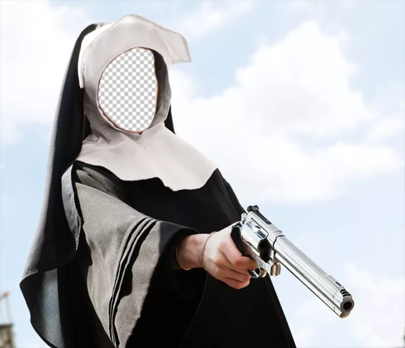 fotomontagem engraçado de uma freira com uma arma em sua mão ..