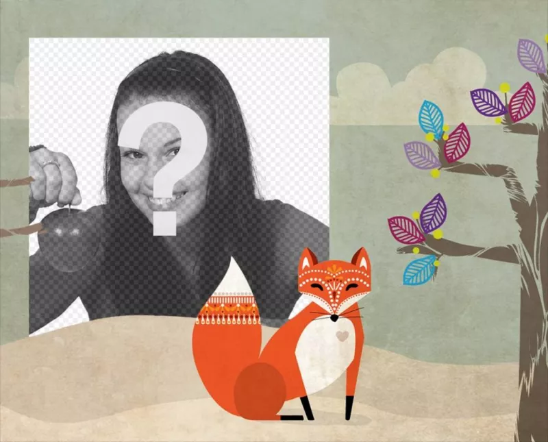 Moldura com uma imagem de uma árvore e uma raposa ..