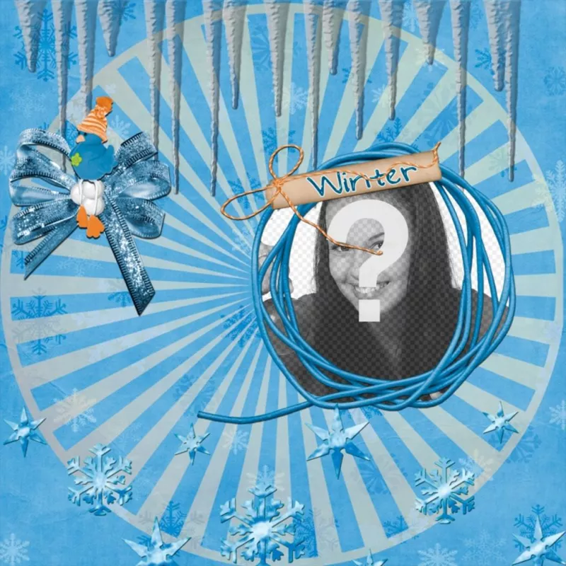 Photo frame de Inverno para colocar sua foto ao lado de um pássaro azul. ..