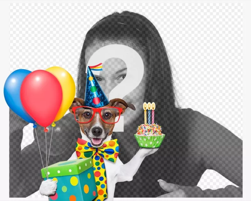Efeito da foto de um cão com bolo e balões de aniversário ..