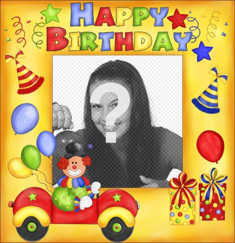 Cartão de aniversário feliz com palhaço e balões. ..