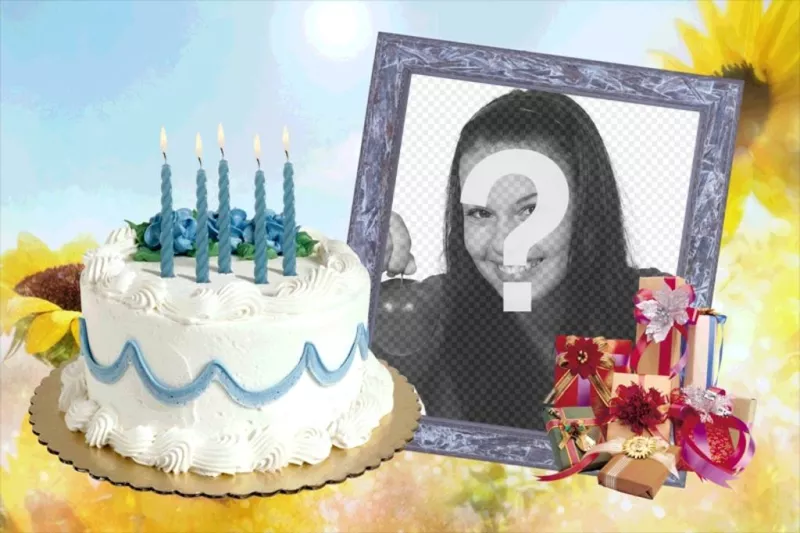 Moldura com bolo e presentes de aniversário. ..