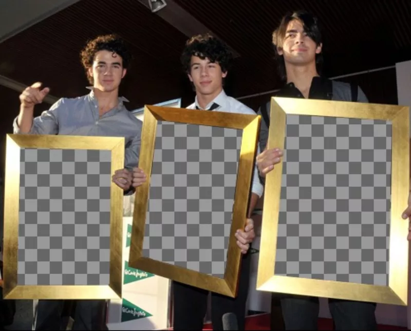 Fotomontagem de Kevin, Joe e Nick, do Jonas Brothers, que vai realizar três fotos que você..