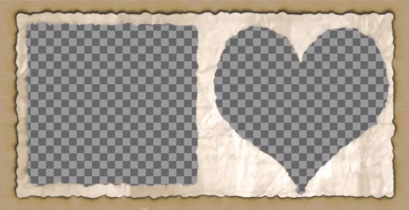Moldura para duas fotos com bordas em forma de coração e quadrado de papel. Adicione duas imagens e você pode enviar ou salvar o layout..