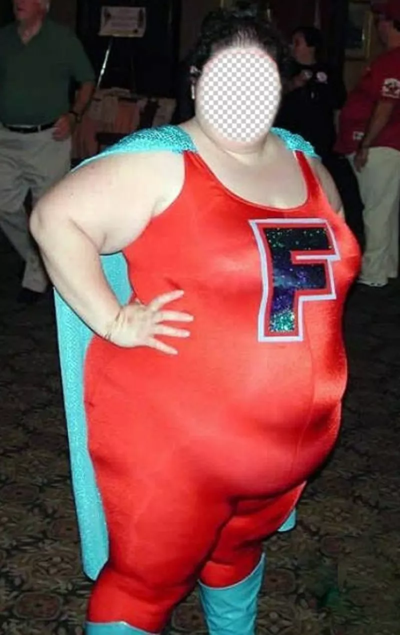 Mulher muito gorda com traje super-heroína para colocar seu rosto 