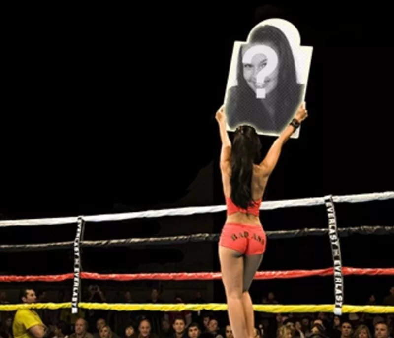 Esportes montagem. Coloque uma imagem em um anúncio do cartaz da próxima rodada de boxe, erguendo uma garota morena com roupas luz..