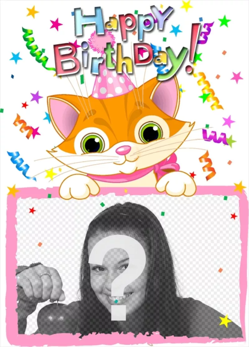 Moldura de foto que inclui uma fotografia, que aparece gato desenhado. feita para usar como cartão de aniversário..