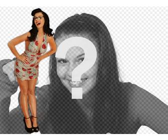 fotomontagem com cantora katy perry com oculos e sexy posando em um vestido estilo pinup com cerejas