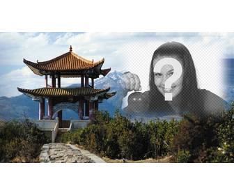 fotomontagem na china com uma paisagem e um edificio tipico chines e semitransparente onde voce pode colocar sua foto