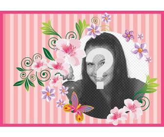 postal o dia da mãe com fundo rosa com flores e borboletas personalizar com foto e texto felicita-la