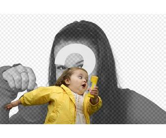 fotomontagem com menina bolha na capa chuva amarela e do meme da moda onde voce coloca sua foto e texto