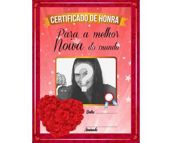 diploma personalizado melhor namorada do mundo com um buque flores em forma coracão e um quadro colocar uma imagem