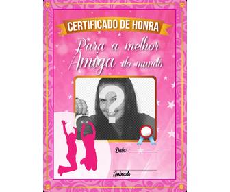 certificado rosa o melhor amigo do mundo com estrelas e brilhos colocar uma foto online