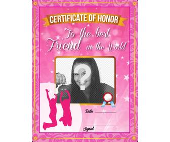 certificado de-rosa com estrelas e brilhos dar o seu melhor amigo e colocar uma imagem ele e texto online