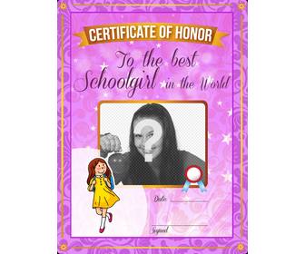 certificado personalizar com uma foto ao melhor aluno do mundo com um quadro roxo