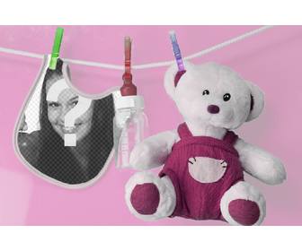 fotomontagem com um soito bib e recheadas colocar uma foto do seu bebe recem-nascido com fundo rosa