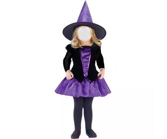 fotomontagem da menina vestida uma bruxa colocar seu rosto