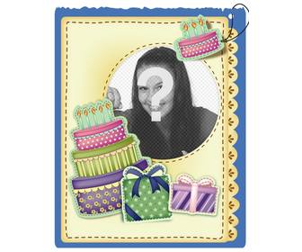 cartão aniversario com bolo e presentes efeito adesivo colocar imagem e as palavras saudacão voce preferir