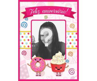 cartão aniversario rosa com um donut e pastelaria desenhado com um buraco colocar uma foto