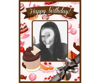 cartão aniversario colocar uma imagem e um texto com rosa e marrons cupcakes e bolos e um grande arco