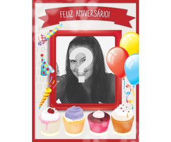 cartão aniversario com moldura vermelha balões e bolos felicitar seus amigos