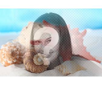 fotomontagem fazer uma colagem com conchas do mar e conchas na areia da praia em uma foto voce