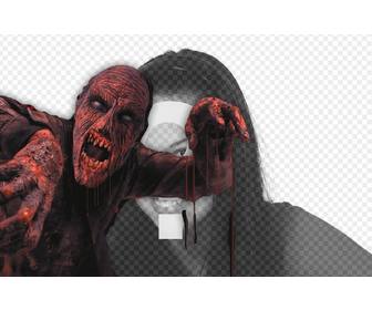 fotomontagem colocar um zumbi sangrento vermelho em uma foto e adicione o texto online