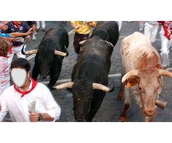 criar uma fotomontagem correr com touros san fermin em pamplona seguindo e adicionar texto