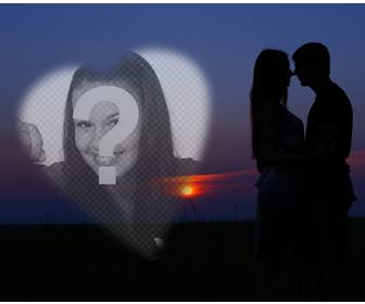 fotomontagem com um casal apaixonado com um do sol ao fundo e um coracão colocar uma foto romantica
