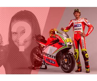 criar uma fotomontagem com valentino rossi piloto da motocicleta com sua bicicleta vermelha e branca e um filtro vermelho sua foto