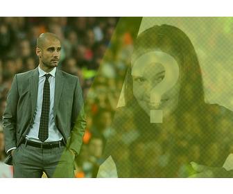 criar uma fotomontagem com pep guardiola em um campo futebol e uma foto voce com um filtro verde ea frase voce deseja