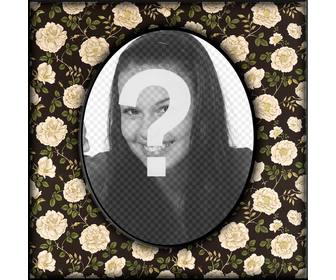 photo frame oval do vintage com as flores em bege na parede negra onde voce pode fazer upload uma foto digital