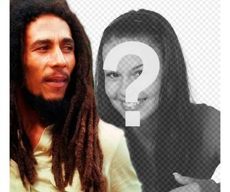 criar uma fotomontagem com bob marley ao seu lado carregando uma imagem on-line e acrescentando uma frase livre