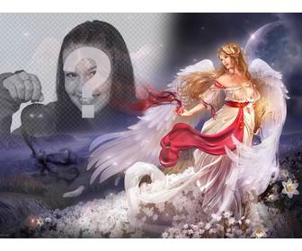 criar um collage on-line com um anjo mulher alada em um mundo fantasia cercada flores