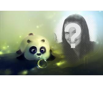 fotomontagem com um panda desenhado soprando uma bolha sabão e um buraco lado direito colocar uma foto