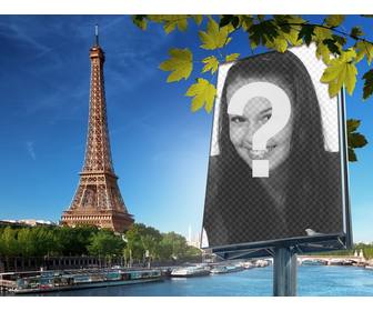 fotomontagem com cidade paris e da torre eiffel no fundo colocar sua foto em um outdoor